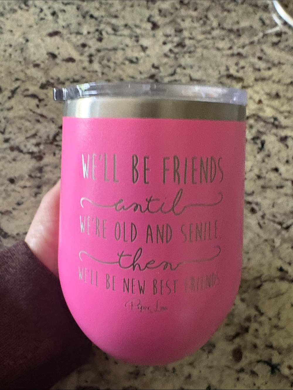 Pink Insulated Stemless Wine Tumbler with Silver Script